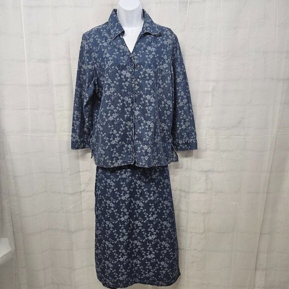 Liz Claiborne Blue Floral Boho Blouse Midi Skirt Chambray Set 12 - Picture 1 of 16